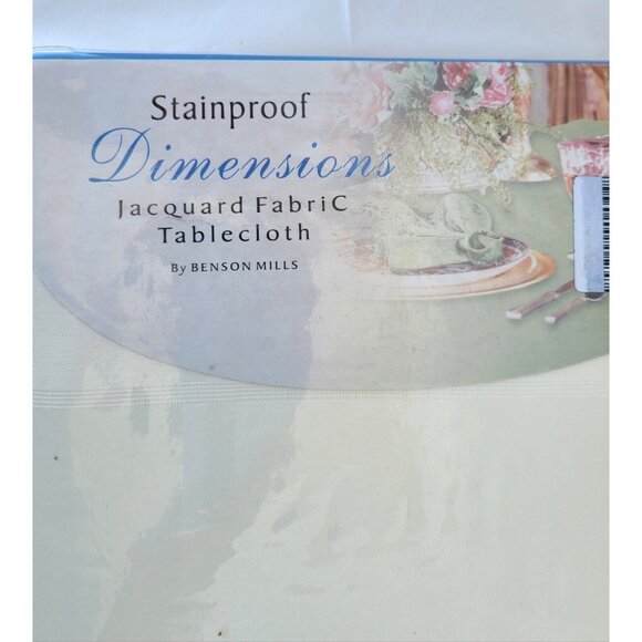 Benson Mills Stainproof Jacquard Fabric Tablecloth 60"x104" Cream Tablescape - Picture 2 of 6